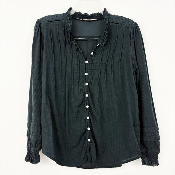 Quince Organic Textured Cotton Peasant Blouse Size S Black Long Sleeve Button Up - Picture 2 of 11